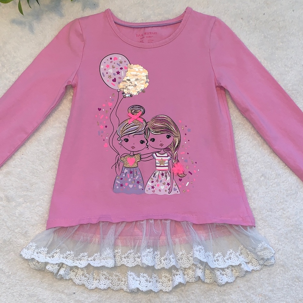 Isaac Mizrahi Pink Long Sleeve Tee with Lace Hem 5/6 BFFs Flip Sequin EUC